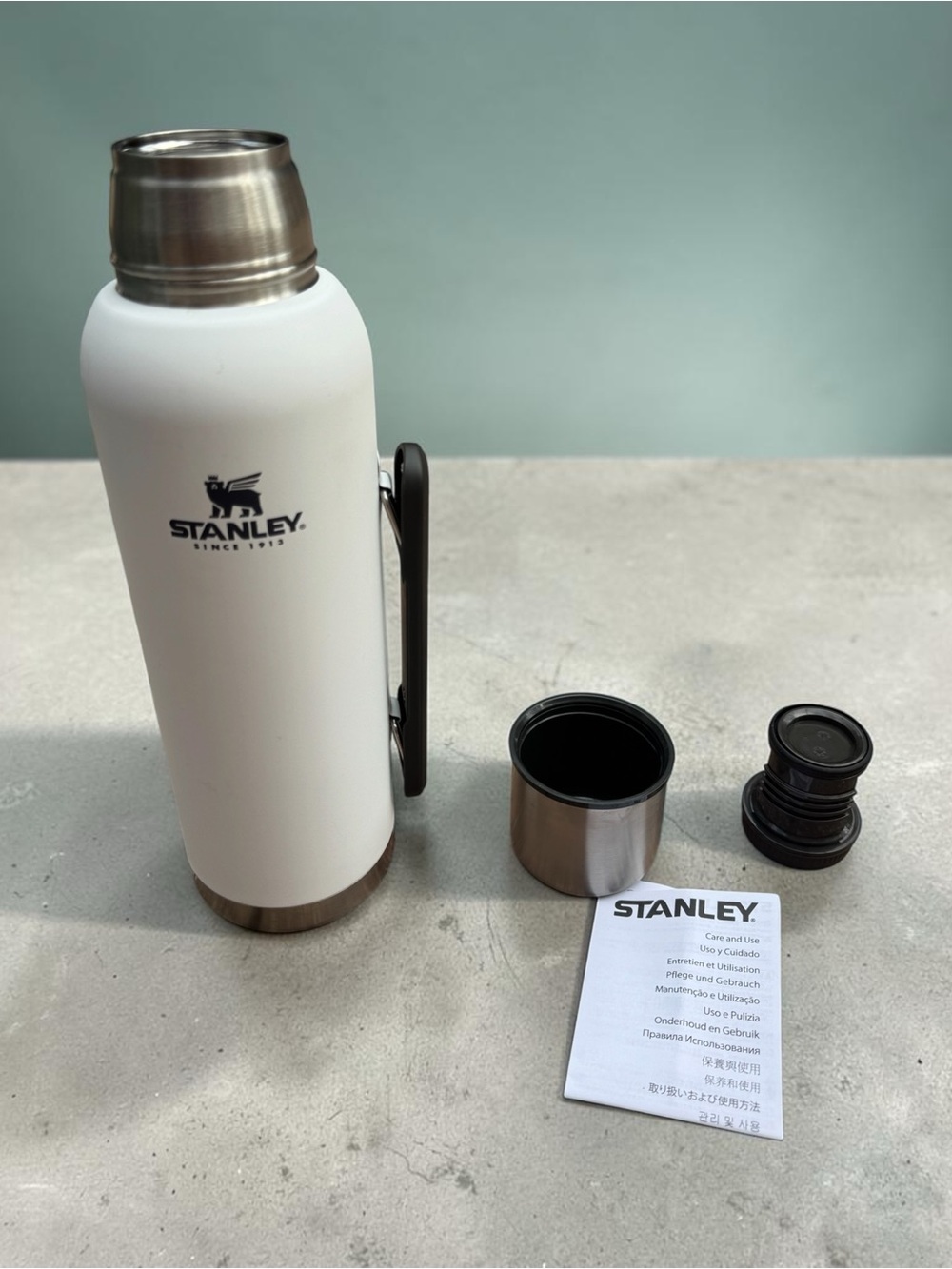 Stanley Thermos 1.4 Qt. White Vacuum Bottle with Handle and Cup Stainless Steel
